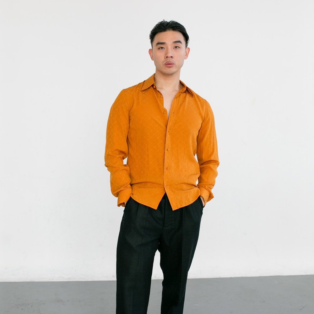 Gucci Orange Check GG Silk Crepe Shirt